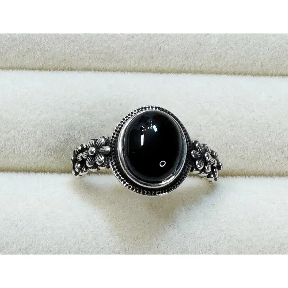 New Size 10 Black Onyx Color Cabochon Ring Silver Floral Vintage Style Ring R002
